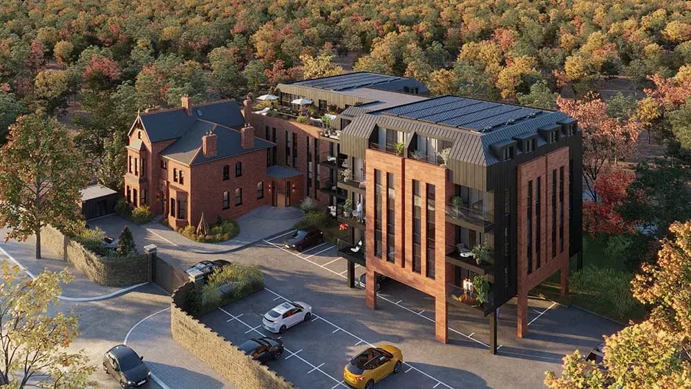 Aerial CGI of a brick apartment development by Photoplan