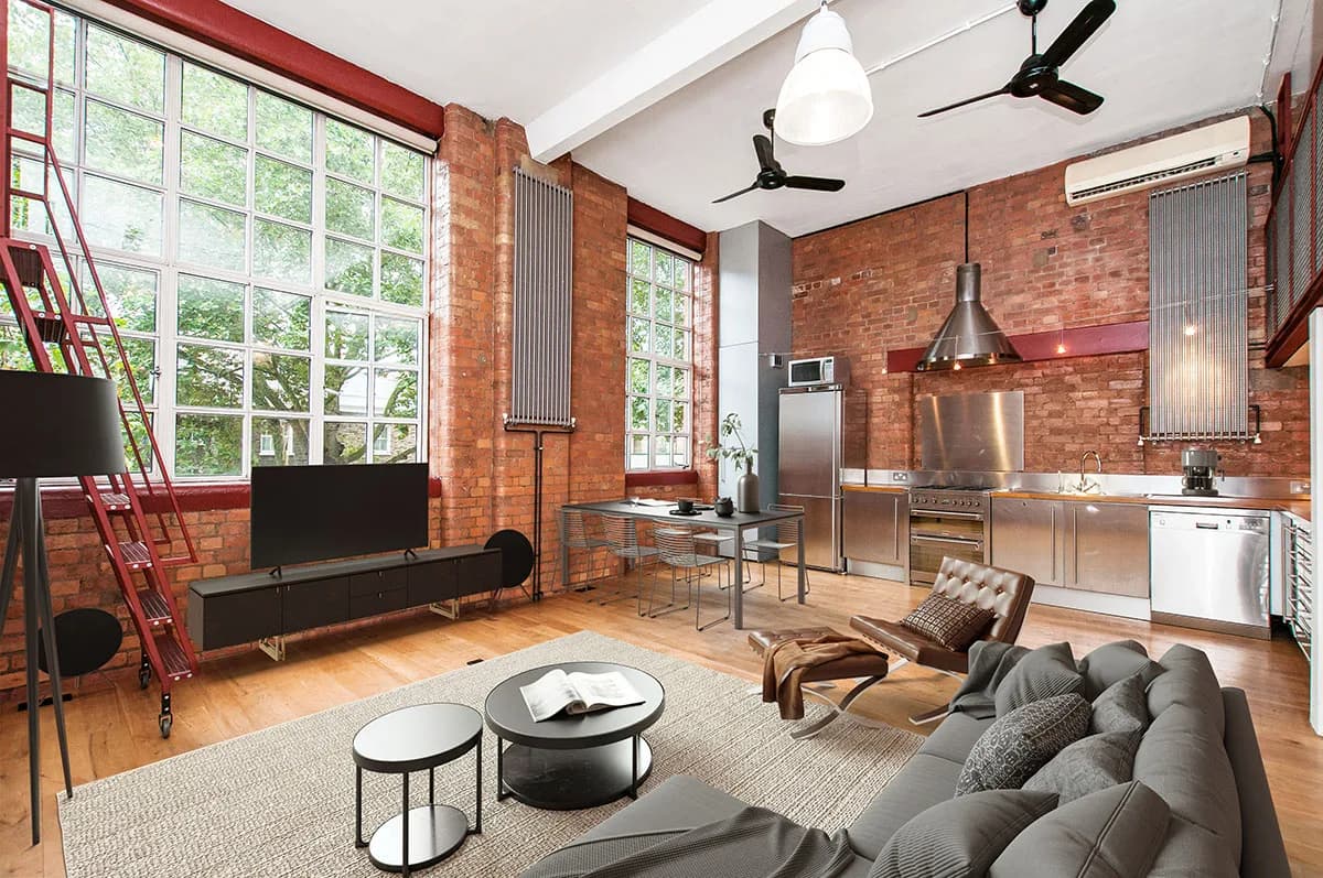 Virtually staged loft living room by Photoplan