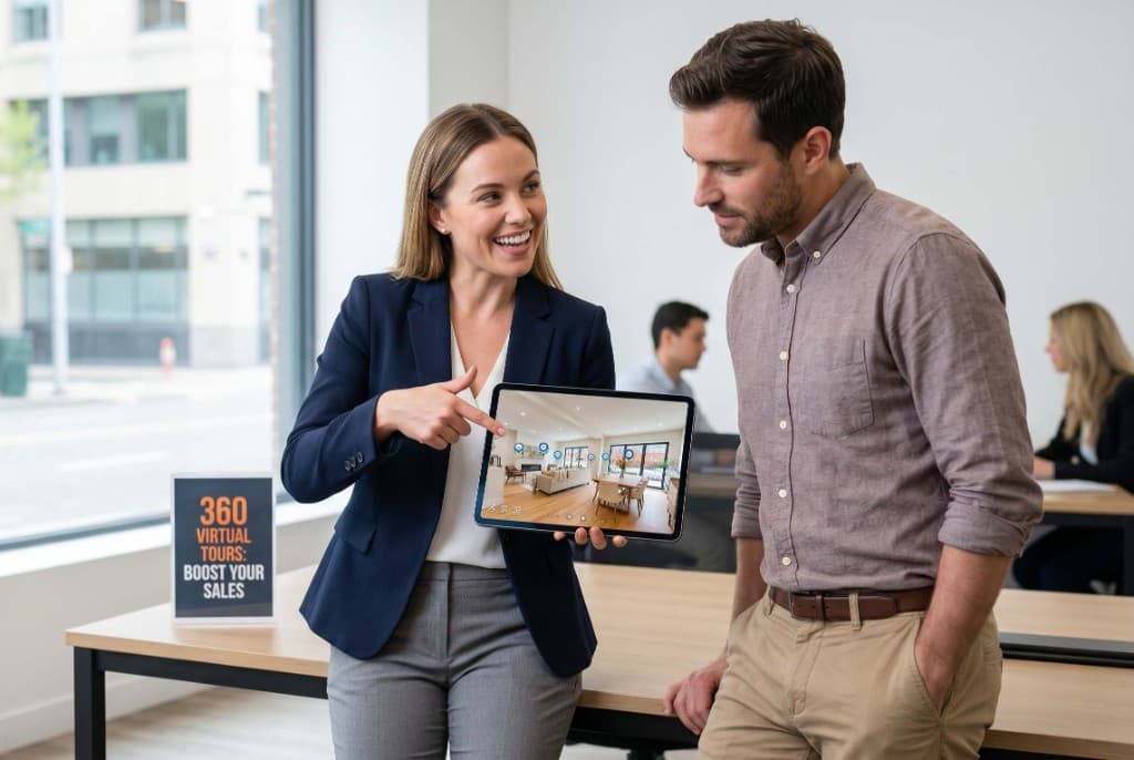 Estate agent showing a 360 virtual tour on a tablet to boost sales