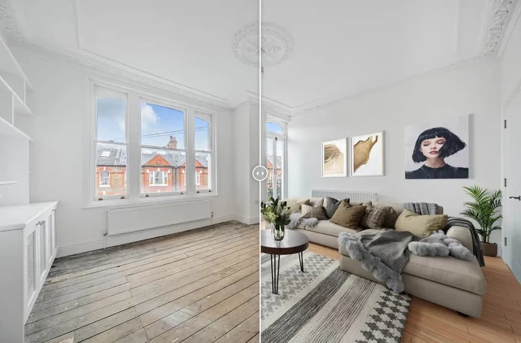 A living room shown before and after virtual staging — empty on the left, fully furnished on the right