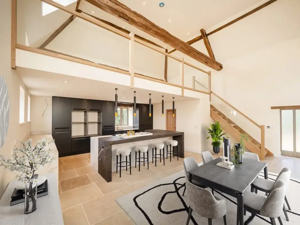Barn conversion kitchen and dining room — after virtual staging